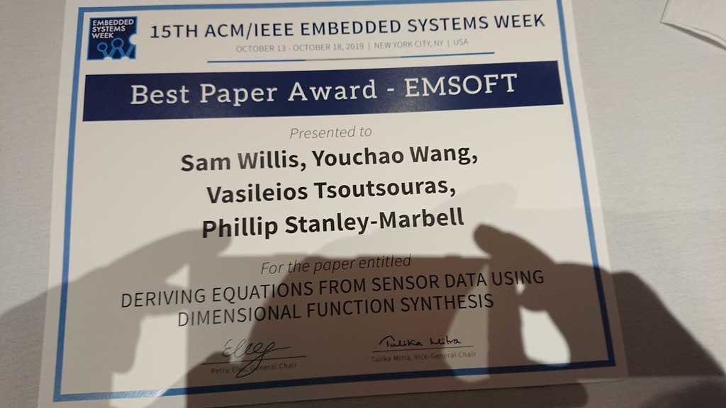 physcomplab's tweet photo. Our paper on "Deriving Equations from Sensor Data Using Dimensional Function Synthesis", in this month's ACM Trans. on Emb. Comp. Sys., received the Best Paper Award at the 2019 Embedded Systems Week. Congratulations to Postdoc Vasileios Tsoutsouras for a great presentation. https://t.co/9GKbK4su85