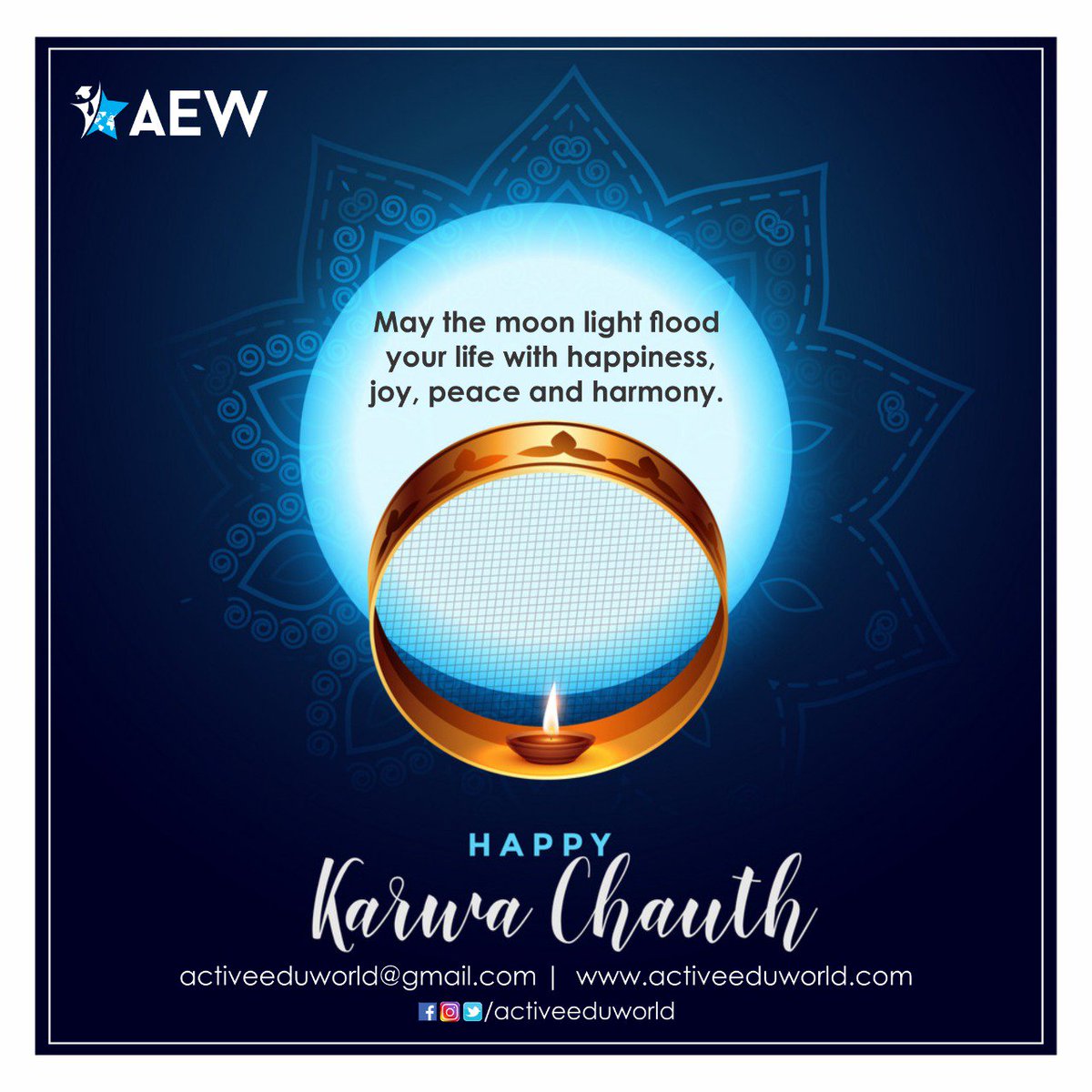 activeeduworld's tweet photo. May the spirit of full moon fill your heart with happiness and strengthen love between every husband and wife. Wishing you all a blessed Karva Chauth.
#KarvaChauth #करवा_चौथ #KarvaChauth2019 https://t.co/d2rILkFe0R