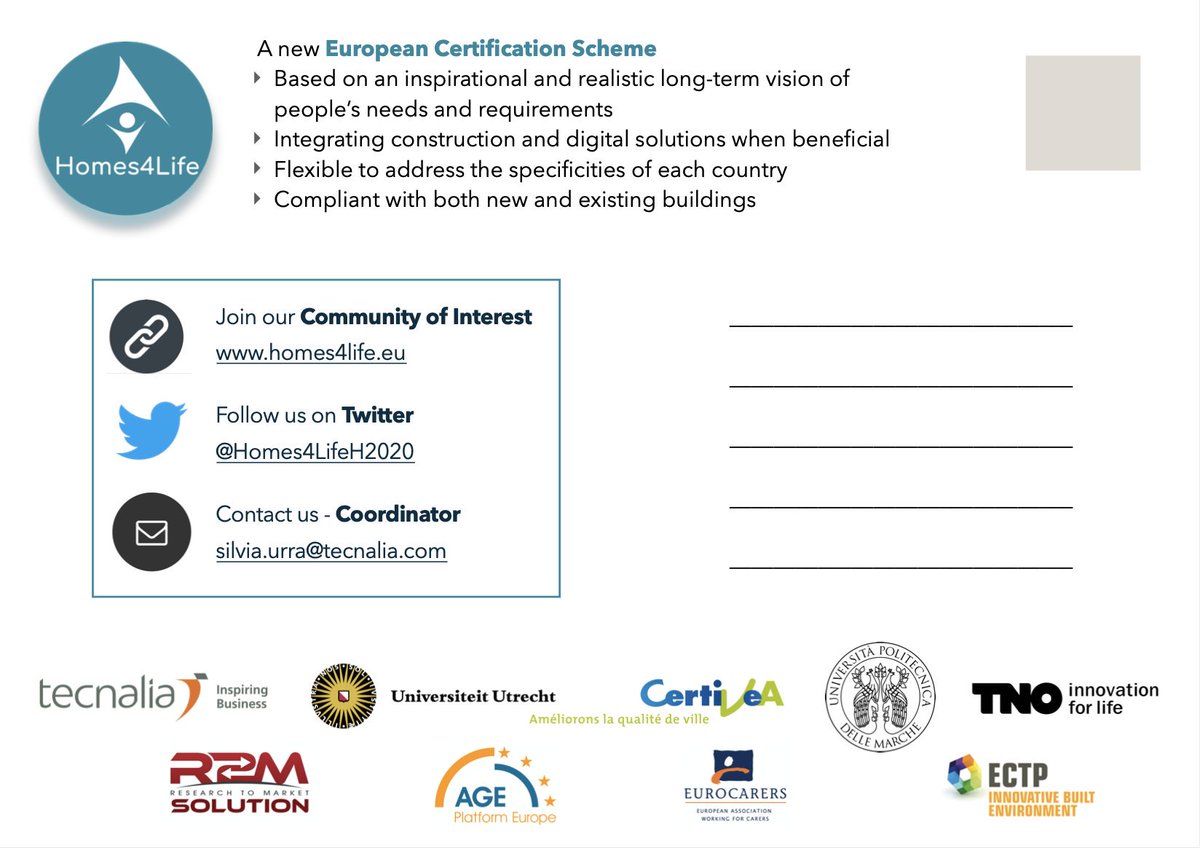 R2MSolution's tweet photo. The project @Homes4LifeH2020 develops a new #European #Certification scheme for age-friendly living environments.
We're hiring #demobuildings throughout #Europe which will be the first to experiment and get delivered this new #buildingcertification.
https://t.co/3UB1QK5Nei https://t.co/DhHEsHWcVZ