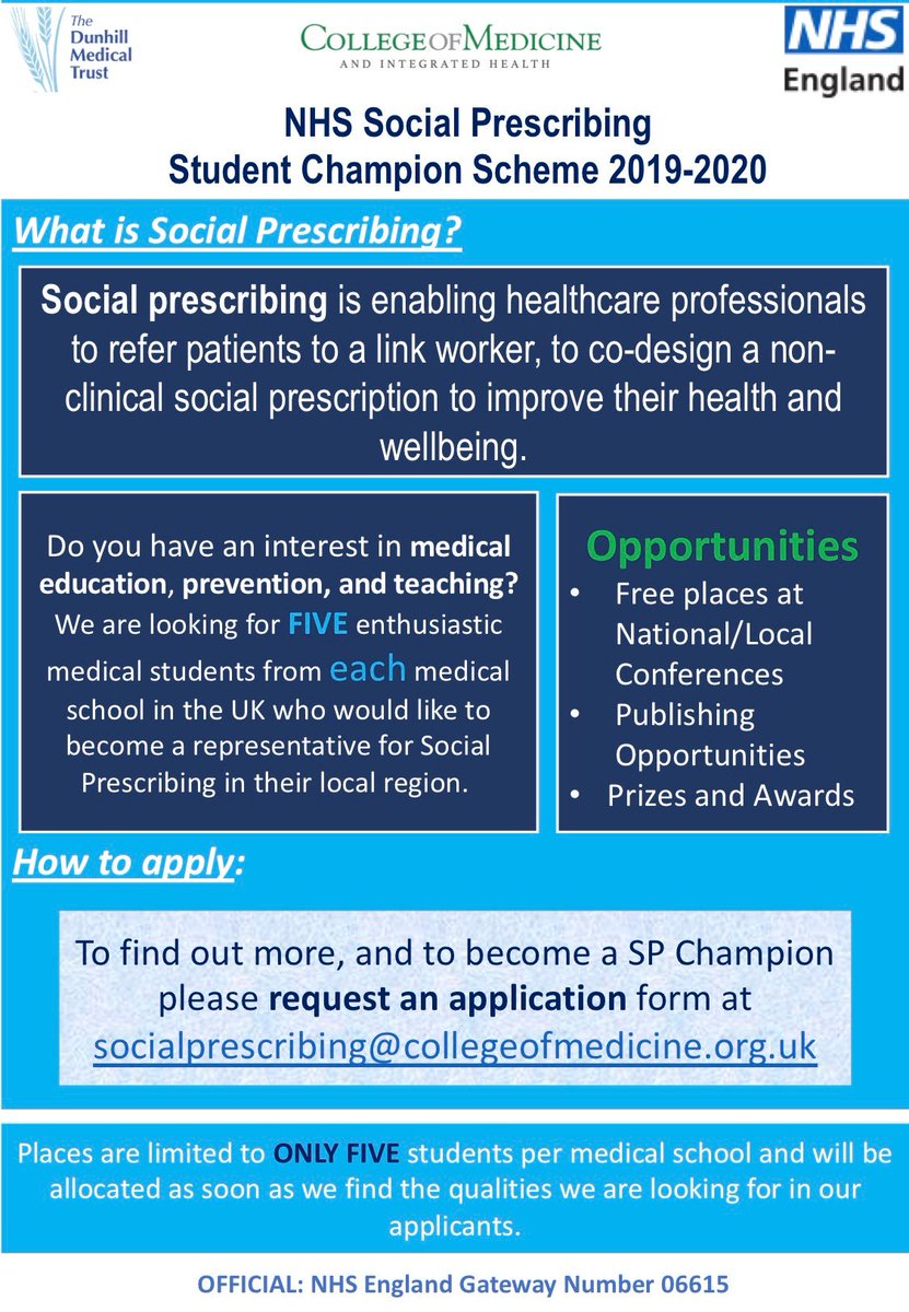 daisy_kty's tweet photo. Twitter, can you help? We are recruiting up to FIVE medical student champions of #socialprescribing from each UK Medical School to join us @SP_champScheme. 🚀@ukmedschools @rcgp @DunhillMedical @CollegeofMed @SocialPrescrib2 @UOSMedicine @unilincoln @AstonMedicine @EHU_FHSCM https://t.co/ZvWFjvaoKE