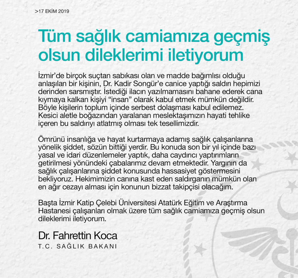 drfahrettinkoca's tweet photo. İzmir’de birçok suçtan sabıkası olan ve madde bağımlısı olduğu anlaşılan bir kişinin, Dr. Kadir Songür’e canice yaptığı saldırı hepimizi derinden sarsmıştır. Hekimimizin canına kast eden saldırganın mümkün olan en ağır cezayı alması için konunun bizzat takipçisi olacağım. https://t.co/VESAN2bEIV