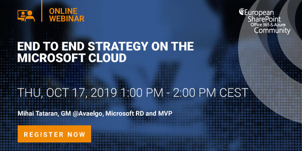 mysharepoint's tweet photo. Reminder today 1 pm Azure Training Week Webinar  “End to end strategy on the Microsoft Cloud” https://t.co/RlkiL2kTK7 #azureweek #espc19 #azure https://t.co/UGk7JPBe35