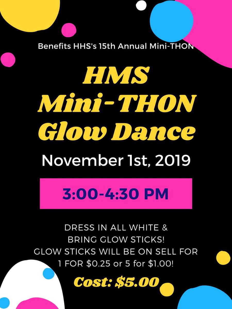 ‼️HHS AND HMS STUDENTS‼️ The Glow Dances are coming up very soon! We hope to see you there! Tickets are $5.00! Come support this years Mini-THON as you dance for a cause! #ftk #hhsthon20 💠🎗