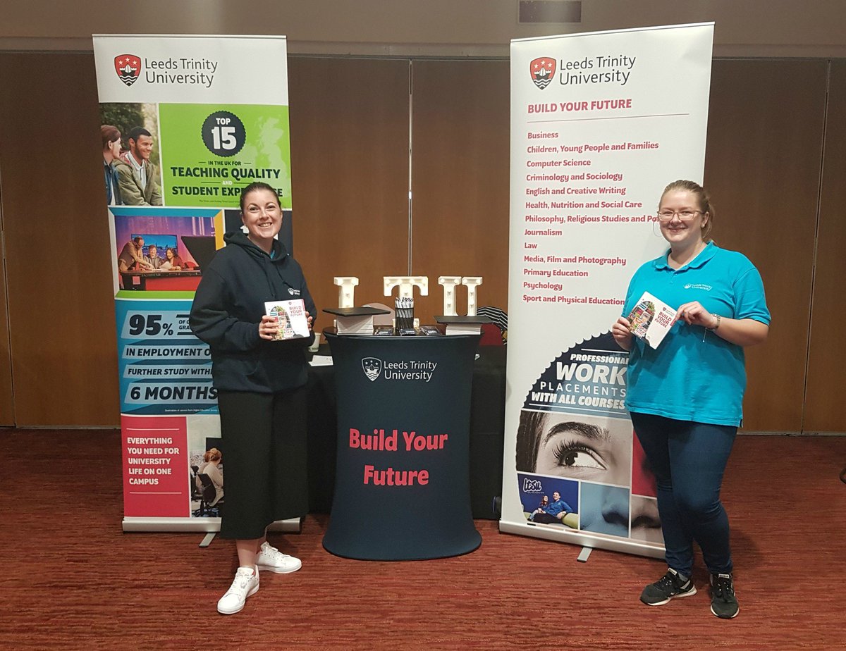 Kim and Gemma are at the <a href="/StadiumOfLight/">Stadium of Light</a> #AccessToHE Admissions Fair in Sunderland and they’re ready to answer your questions about university life🤔. Come say hi and find out how you can build your future at Leeds Trinity University!