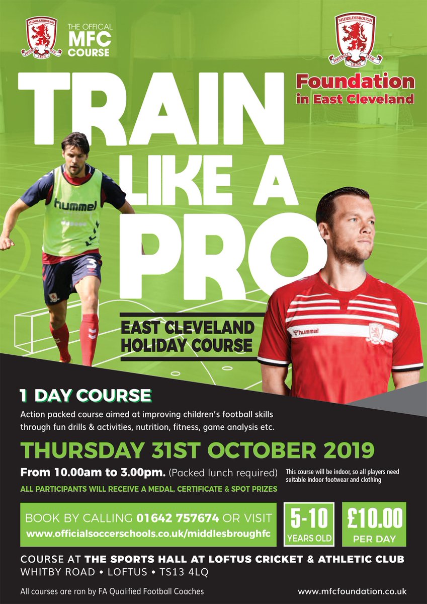 We're running a (football) Train Like A Pro Course course at Loftus Cricket Club on Thursday October 31st from 10 until 3, costing £10.

Numbers are limited, so get in quick. To book your place, or for more details, ring 01642 757674, or visit officialsoccerschools.co.uk/middlesbrough