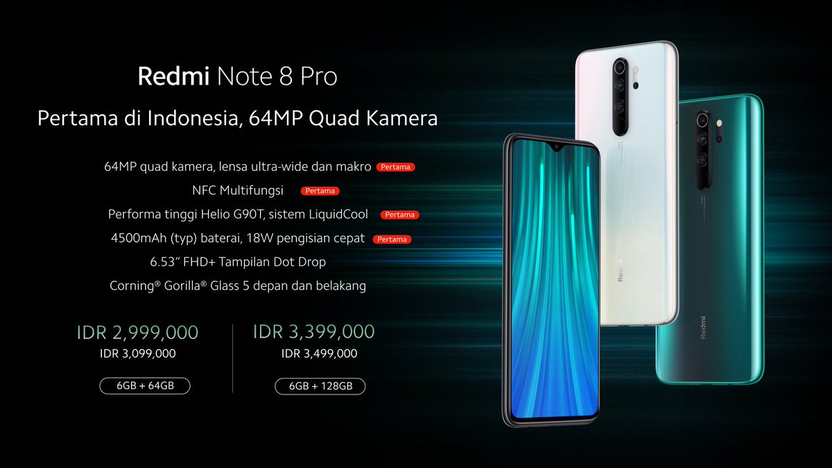 XiaomiIndonesia's tweet image. Sekarang saatnya kita ungkap harga dari #RedmiNote8Pro dengan 64MP Kamera PERTAMA di Indonesia.

➡️ 6GB + 64GB : mulai Rp 2,999,000*
➡️ 6GB + 128GB : mulai Rp 3,399,000*

*harga perkenalan

#Xiaomi64MPPertama