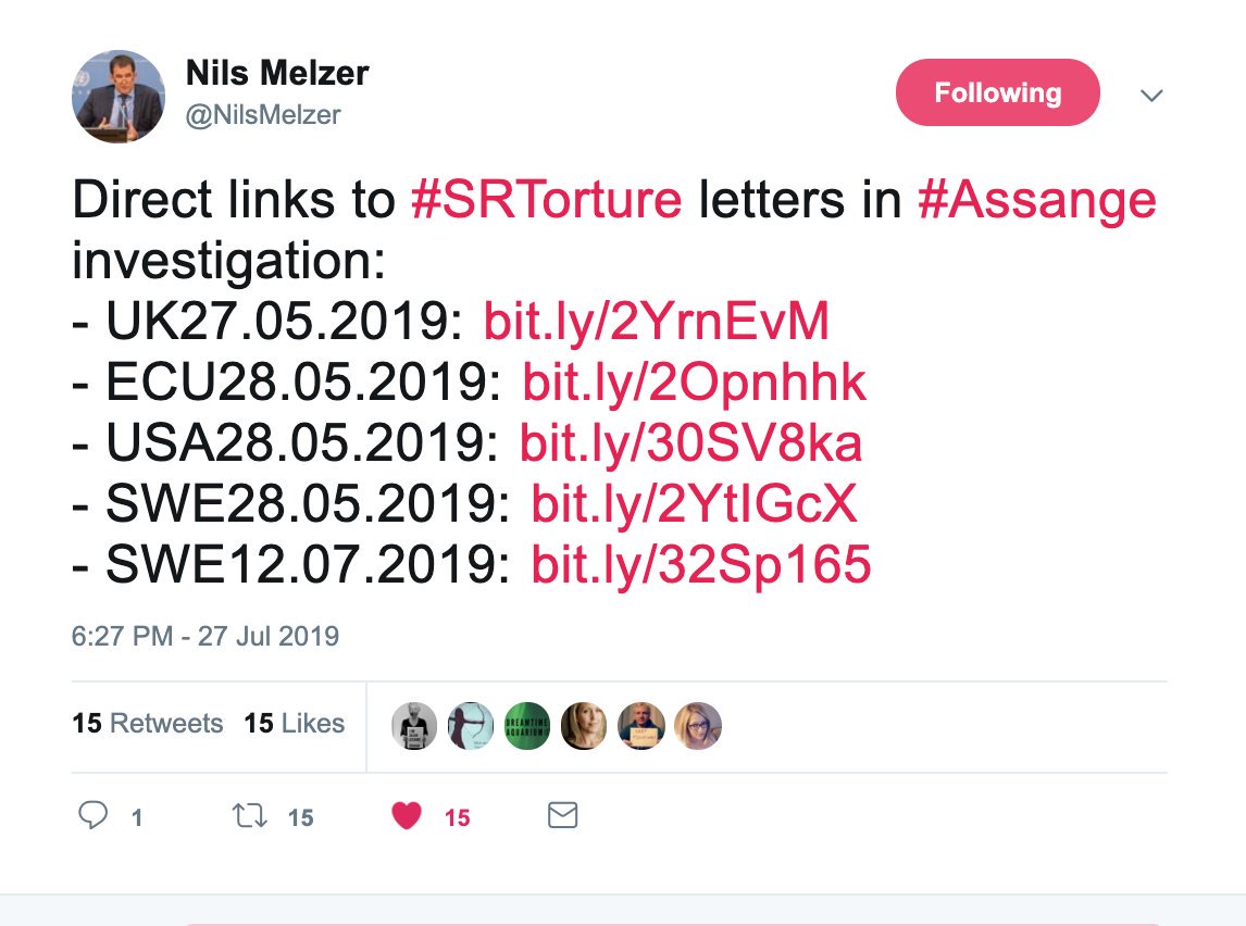 @Nikiniria @OedipusSphynx The main HR violations are outlined in Nils Melzer's Report and his letters. Direct links to #SRTorture letters in #Assange investigation: - UK27.05.2019:  - ECU28.05.2019:  - USA28.05.2019:  - SWE28.05.2019:  - SWE12.07.2019: bit.ly/32Sp165