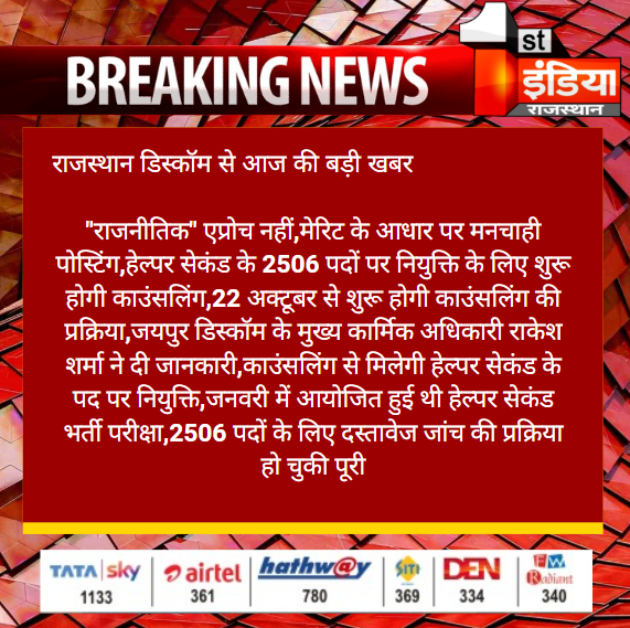 1stIndiaNews's tweet photo. #Jaipur : राजस्थान डिस्कॉम से आज की बड़ी खबर

"राजनीतिक" एप्रोच नहीं,मेरिट के आधार पर मनचाही पोस्टिंग,हेल्पर सेकंड के 2506 पदों पर नियुक्ति के लिए शुरू होगी काउंसलिंग

@ml_vikas https://t.co/Ur4dORDzPm