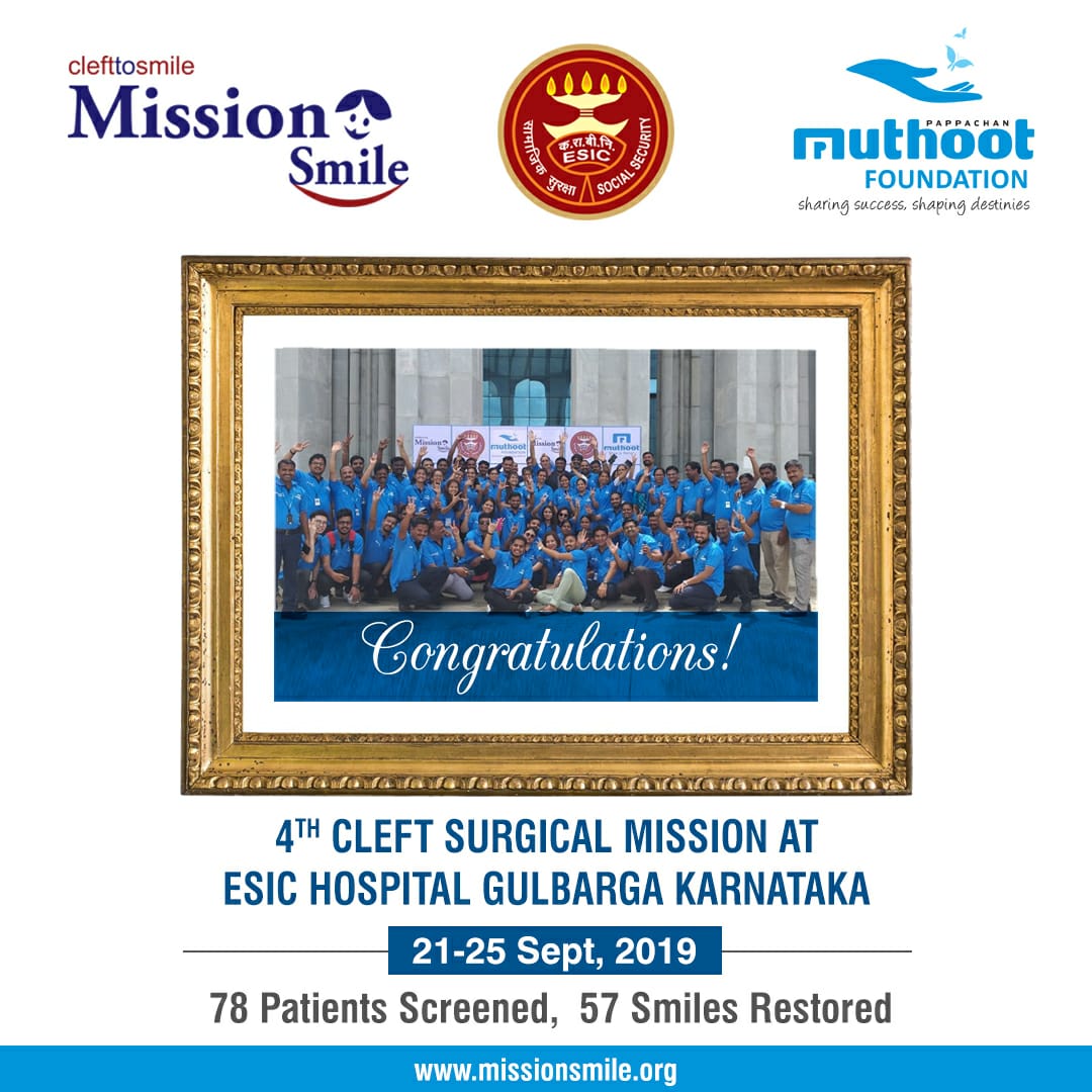 MissionSmileInd's tweet photo. Our 4th Cleft Surgical Mission in #Gulbarga was conducted at ESIC Medical College &amp; Hospital Sep 21-25 in partnership with Muthoot Pappachan Foundation. Total 78 patients were screened &amp; 57 Smiles have been restored during this Mission. #congratulations #missionsmile #cleft2smile https://t.co/Dq8wFcv7Rm