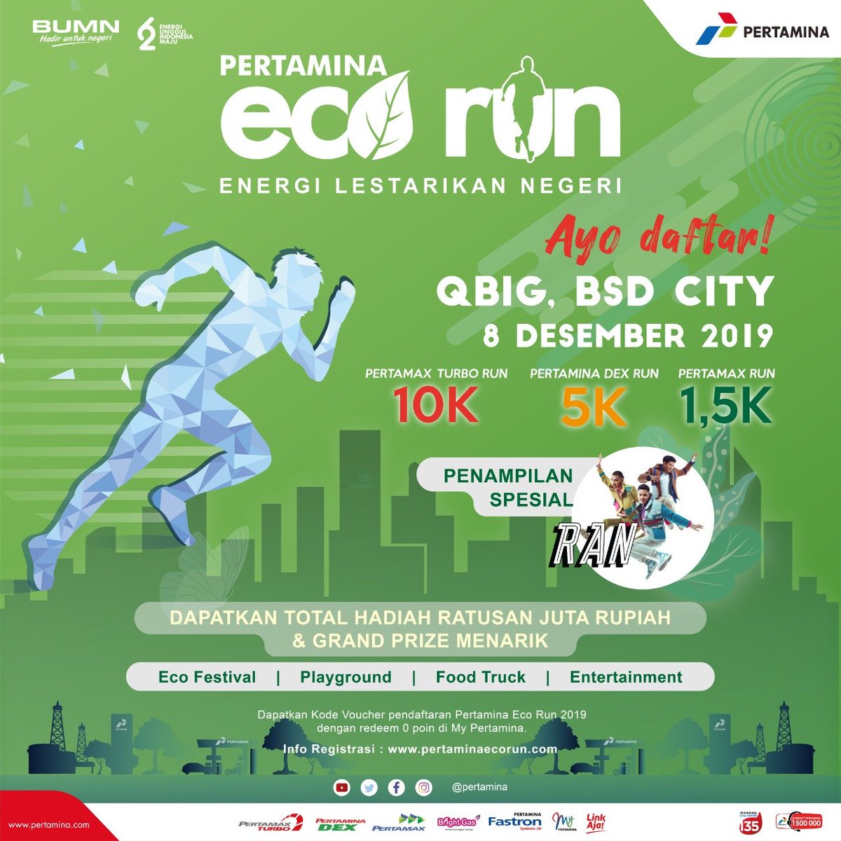 Sobat Runner, yuk ajak sahabat dan keluarga untuk berpartisipasi dalam acara #PertaminaEcoRun2019. Jangan lewatkan juga kesempatan untuk medapatkan hadiah-hadiah menarik!

Sampai jumpa di #PertaminaEcoRun2019!

Info lebih lanjut 👉pertaminaecorun.com

#IndonesiaRunners