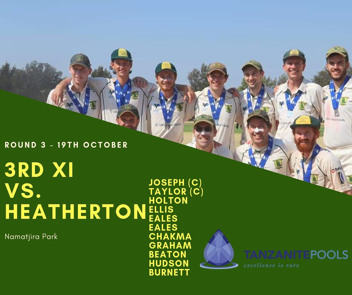 *** 3rd XI Team Selection ***

Parkdale United CC
Vs.
Heatherton CC

at

Namatjira Park, Clayton 

SPONSORED BY TANZANITE POOLS