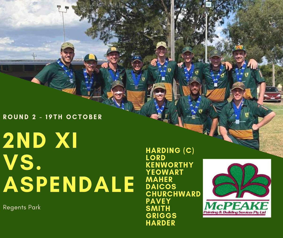 *** 2nd XI Team Selection ***

Parkdale United CC
Vs.
Aspendale CC

at

Regents Park, Aspendale

SPONSORED BY McPEAKE BUILDING AND PAINTING SERVICES