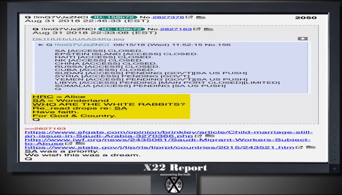 3/ Om man följer X22 Report får man en hel del intressanta hintar om vad som pågår. Som i det här avsnittet från 15 okt. #HumanTrafficking  #USA  #SaudiArabia  #AliceInWonderland  #HillaryClinton 