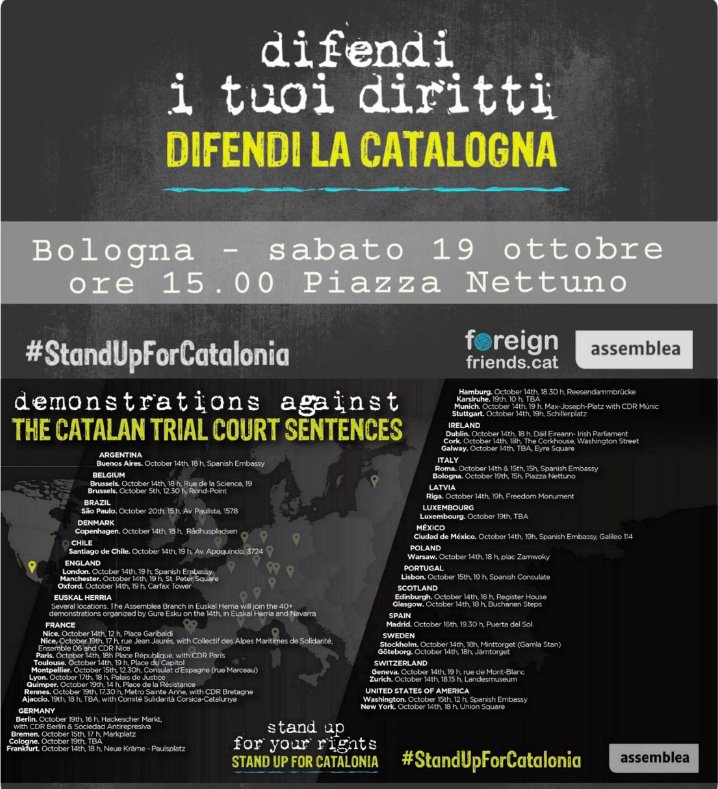 RossellaSelmini's tweet photo. Unitevi a noi sabato 19.10 ore 15 a Bologna, p.zza Nettuno. Ribadiamo insieme che le vere democrazie non imprigionano gli avversari politici e non reprimono le mobilitazioni dal basso. 
#StandUpForCatalonia https://t.co/bjGAJG6dS1