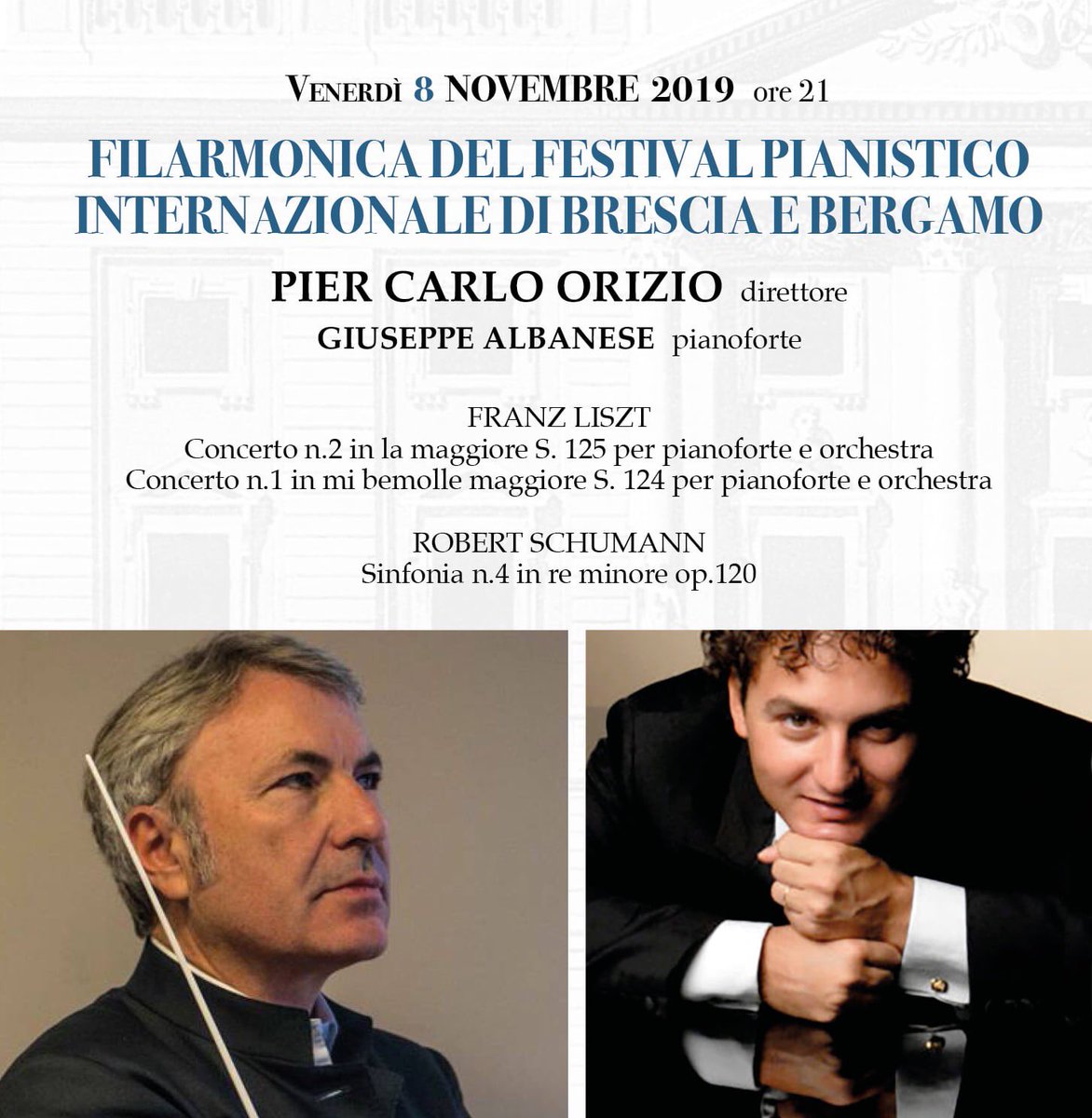 teatripiacenza's tweet photo. L'inaugurazione della Stagione #concertistica 2019/2020 è in arrivo! Sarà affidata, venerdì #8novembre, alla Filarmonica del Festival Pianistico Internazionale di Brescia e Bergamo diretta da Pier Carlo Orizio e al #pianoforte di Giuseppe Albanese.
biglietteria@teatripiacenza.it https://t.co/l50DSmEixb
