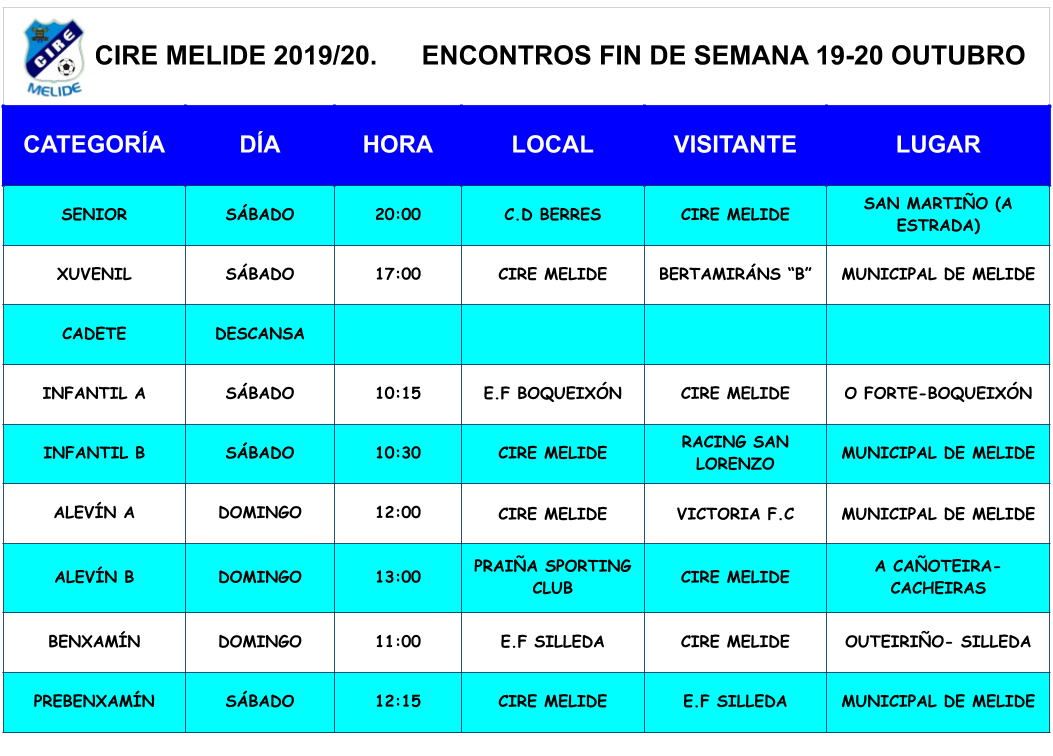 AXENDA DE ENCONTROS DA FIN DE SEMANA. VEN A ANIMAR OS NOSOS EQUIPOS.
VAI CIRE!!!!⚽️⚽️