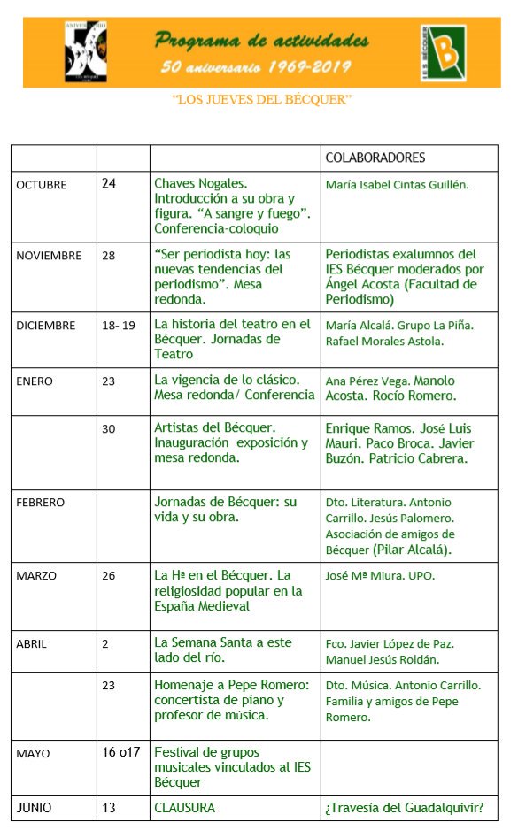 A partir del próximo jueves 24 darán comienzo #LosJuevesdelBécquer, aquí tienes la programación de las actividades que se realizarán por el 50 aniversario🥳
Anímate, te esperamos! 👇