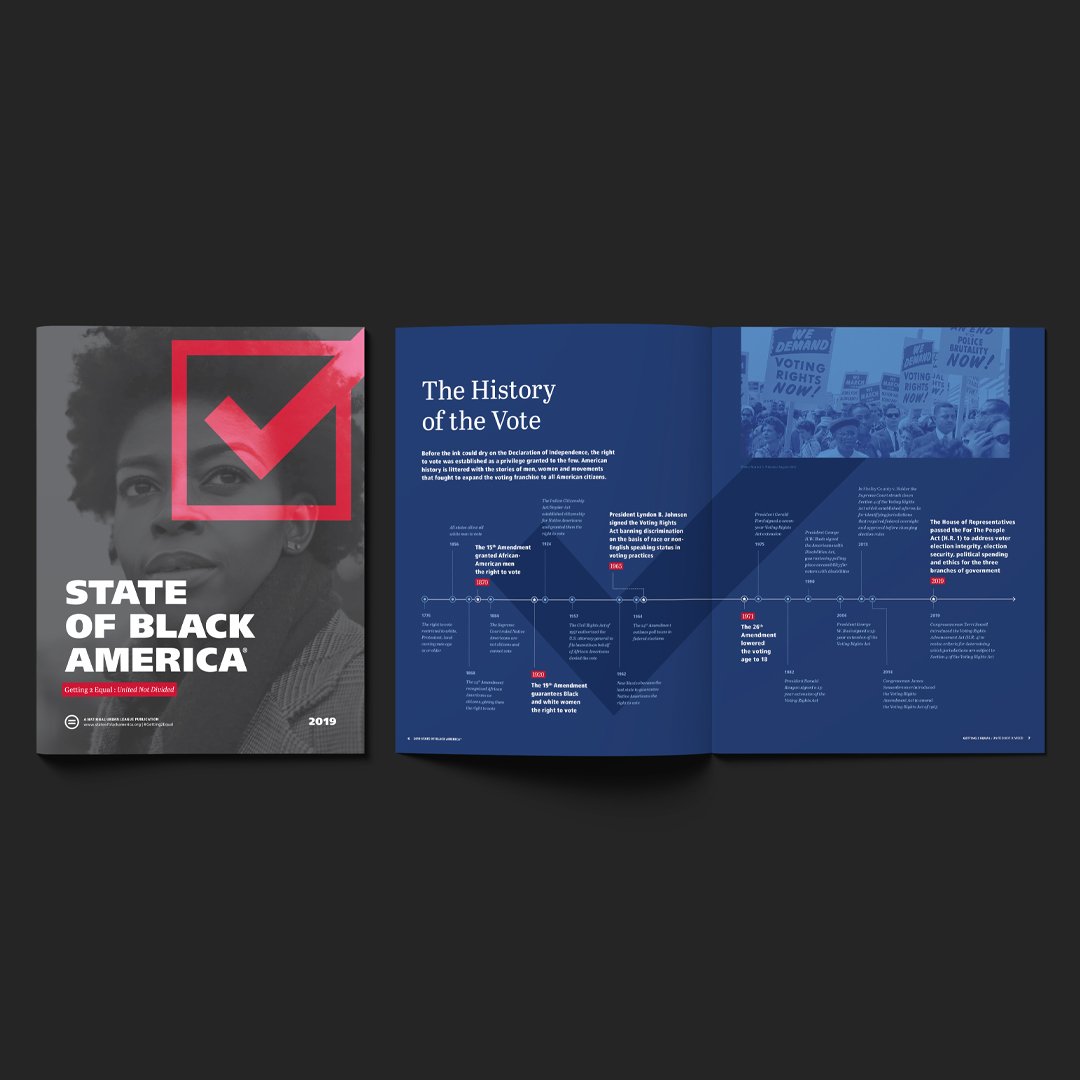 untuck's tweet photo. This spring, we worked with @NatUrbanLeague to design the 2019 State of Black America®. The report focused on the state of the Black vote with an emphasis on its power &amp; heightened vulnerability to suppression. ⁣#untuckwork #graphicdesign  #stateofblackamerica #votingrights https://t.co/Rm2ISQKqbA