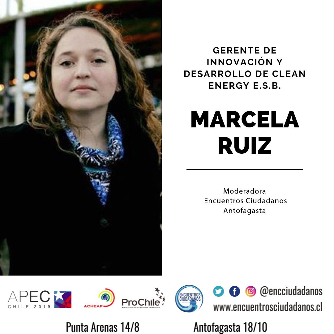 #Antofagasta
Moderadora confirmada!!
#MarcelaRuiz Miembro Mesa Mitigación y Energía COP25 Chile
18 Oct 08:30 horas Hotel Antofagasta. Participa de #EncuentrosCiudadanos, inscríbete en bit.ly/2xIltoj¡¡Los esperamos!!#apecchile2019 #acheapag #ernc #mujer #energia #futuro