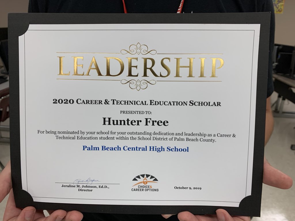 PBCentral_Princ's tweet photo. Congrats to Hunter Free of the #PBCHS engineering academy who will represent @SDPBCChoiceCTE and @pbcsd as a 2020 US Presidential Scholar in CTE‼️ #ProudPrincipal @CoachAbbyElder @JeralineJohnson 🐴 https://t.co/aWUFOvJbae