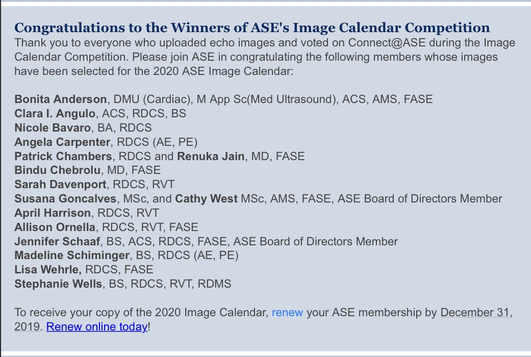 Congratulations to ASE calendar winners including those from #AuroraStLukes Echo Lab. @ASE360 @AdvocateAurora @Aurora_Health @DeniseIgnatows1 @EchoUmland @renujain19