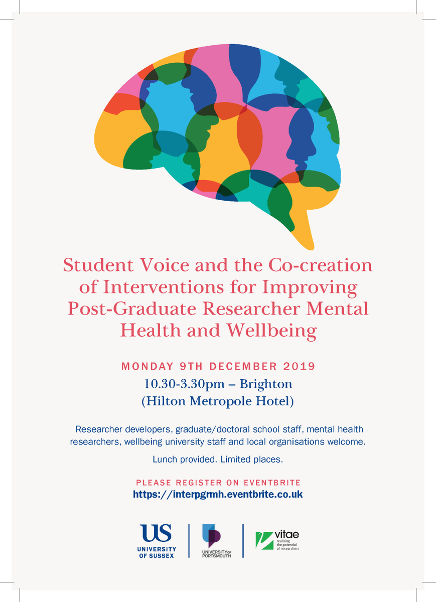 Student Mental Health Projects at Uni of Sussex (@smhpsussex) on Twitter photo Pleased to announce our end-of-project event: Student Voice & Co-creation of Interventions for Improving PGR Mental Health and #PgrWellbeing on Monday 9 December in Brighton with <a href="/portsmouthuni/">University of Portsmouth</a> & <a href="/Vitae_news/">Vitae</a> supported by <a href="/officestudents/">The Office for Students (OfS)</a> & <a href="/ResEngland/">Research England</a> interpgrmh.eventbrite.co.uk/?ref=estw Pleased to announce our end-of-project event: Student Voice & Co-creation of Interventions for Improving PGR Mental Health and #PgrWellbeing on Monday 9 December in Brighton with <a href="/portsmouthuni/">University of Portsmouth</a> & <a href="/Vitae_news/">Vitae</a> supported by <a href="/officestudents/">The Office for Students (OfS)</a> & <a href="/ResEngland/">Research England</a> interpgrmh.eventbrite.co.uk/?ref=estw