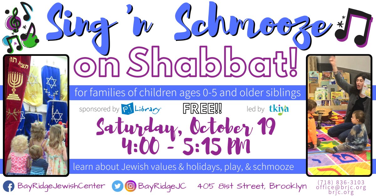 Sing 'n Schmooze on #Shabbat is BACK this Sat, 10/19 @ 4-5:15PM at #BayRidge #Jewish Center! Bring your little ones (ages 0-5) &amp; older siblings for singing &amp; games led by <a href="/TkiyaMusic/">Tkiya Music</a>. Refreshments &amp; schmooze time for parents, too. FREE! Sponsored by <a href="/PJLibrary/">PJ Library</a>. #shabbatshalom