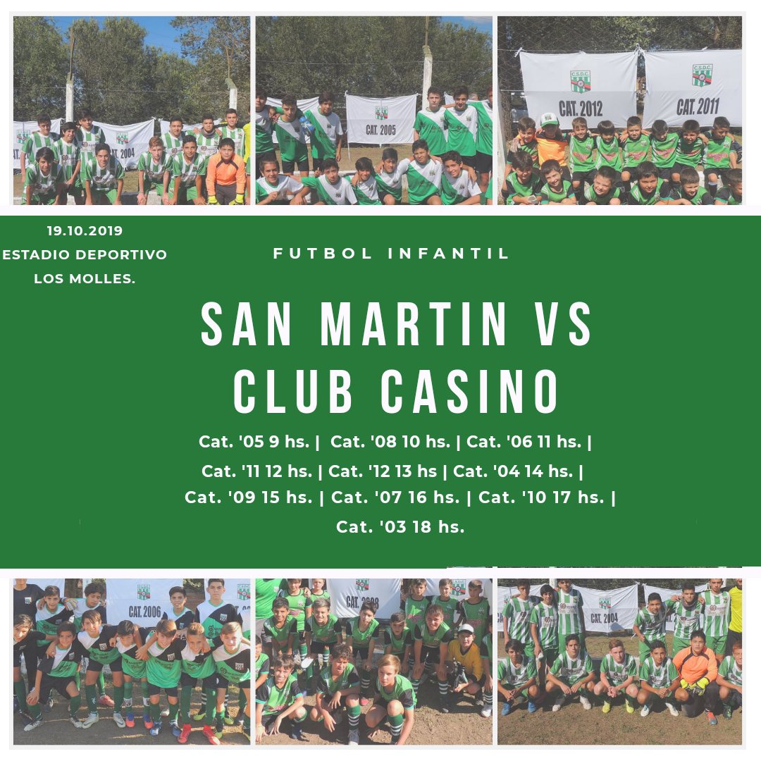 ClubCasinoSL's tweet photo. ¡CLÁSICO INFANTIL!
El próximo sábado 19 de octubre, Club Social y Deportivo Casino visitará en el estadio Deportivo Los Molles al Club San Martin de la Villa de Merlo.
#FutbolInfantil #LigaDelValle
#Timberitos #InfantilesVerde #SiempreVerde
#ClubCasino #Csdc https://t.co/rUfGREjv4H