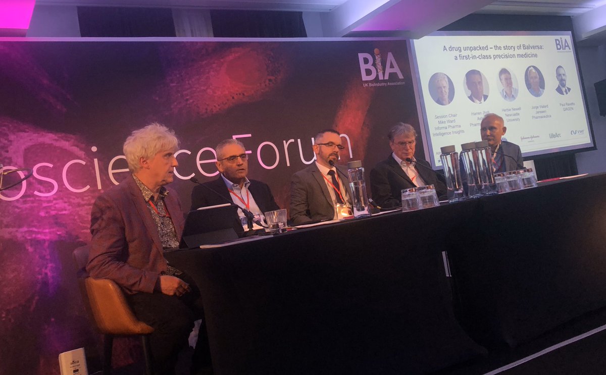 mrssuecharles's tweet photo. Closing panel at #UKBSF2019 chaired by @ScripMikeWard - A drug unpacked - the story of #Balversa: a first-in-class #PrecisionMedicine. A great #uk #biotech #success story - shows academia, charity, biopharm & big pharma working together to deliver for #patients. #astex https://t.co/BUXenkukcx