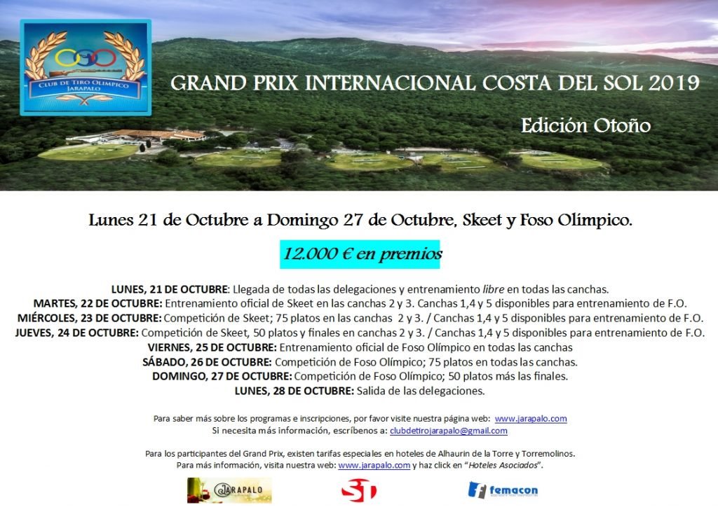 El Grand Prix International Costa del Sol 2019 Edición de Otoño repartirá 12.000€ en dos tiradas al plato de Skeet y F.O
#clubsdetiroAT
alhaurinesdeporte.es/index.php?id=6…