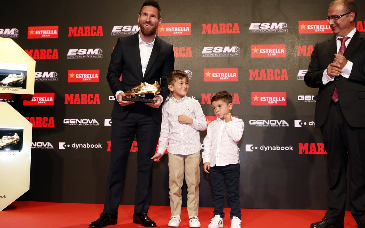 FCBarcelona's tweet photo. FUN FACT: Messi has enough Golden Shoes for him and his two sons to each wear a pair, and take a walk around town. https://t.co/vovswX0XAq