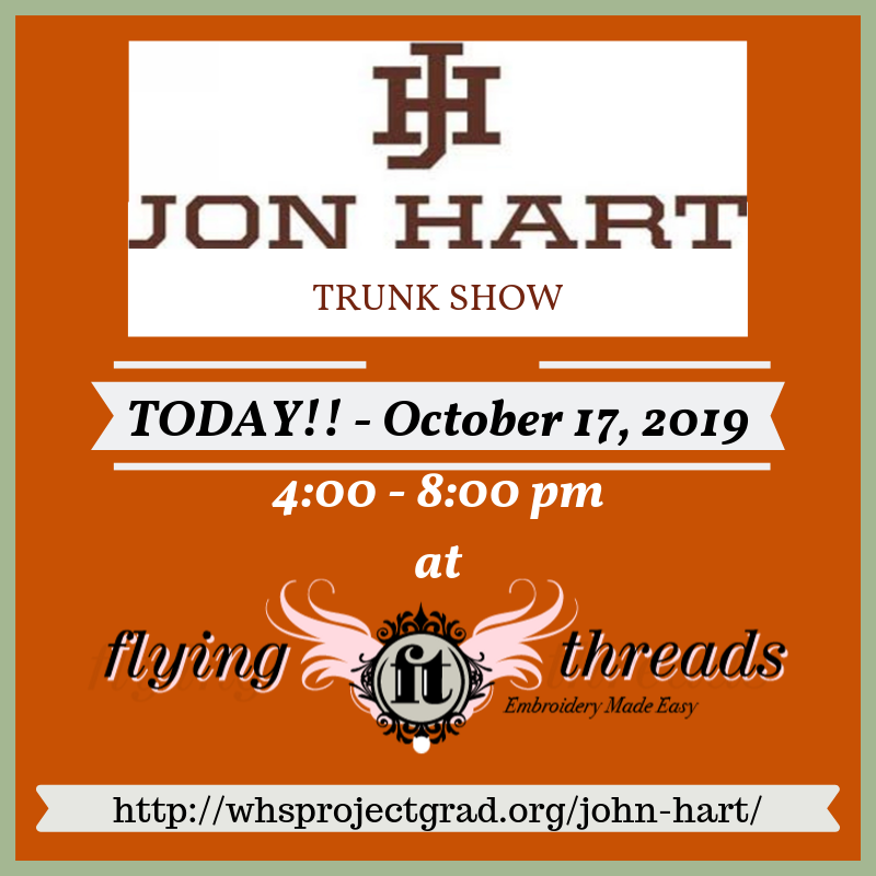 Don't Forget! PG20's Jon Hart Trunk Show is TODAY!! Come by and see us at Flying Threads for an In-Store Party 4-8pm! We'll have all of your favorite items by Jon Hart! Personalize your item for only $10!! All proceeds go to PG! 
whsprojectgrad.org/john-hart/