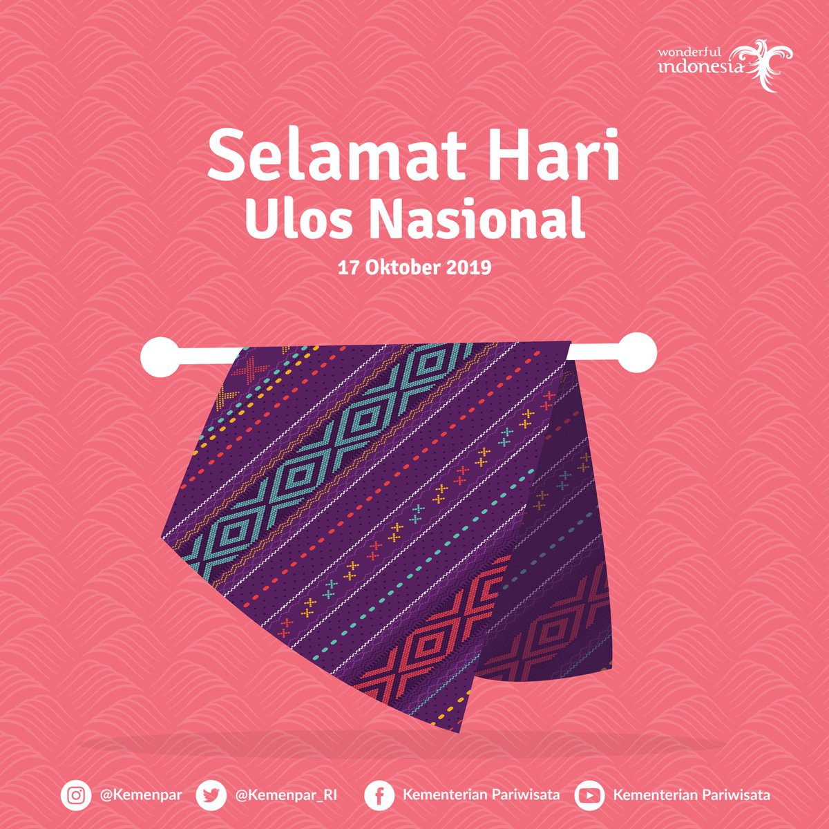 KemenPariwisata's tweet photo. Selamat hari Ulos Nasional tanggal 17 Oktober 2019.

Semoga Ulos yang telah ditetapkan oleh Kementerian Pendidikan dan Kebudayaan sebagai warisan budaya tak benda nasional dapat terus dilestarikan.

Horas!
#PesonaIndonesia #WonderfulIndonesia https://t.co/36T5aNPWLM