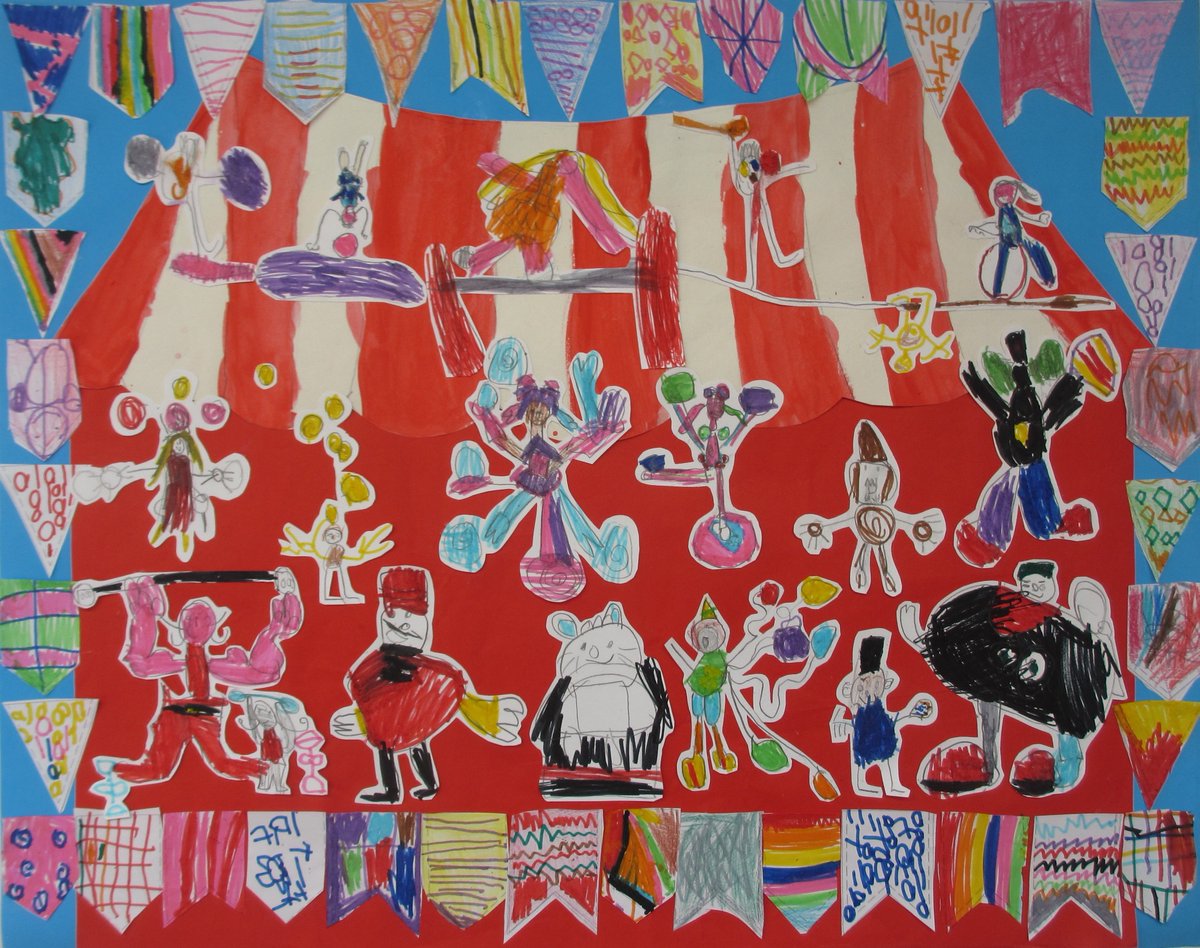 The Priory Primary School Art Club - Circus Fun. This piece was voted the most popular at the Manor House Museum Under 16s. To vote for this piece or any of the others in the trail please click on the link discoversandwell.co.uk/artstrailvote