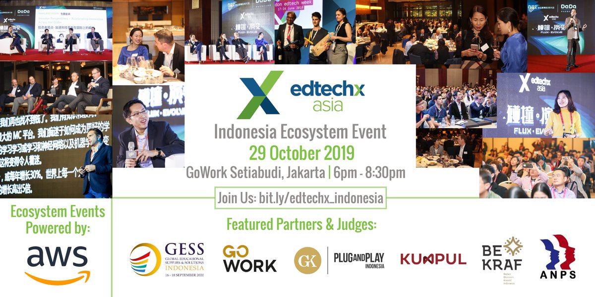 EdTechXAsia (@edtechxasia) on Twitter photo Looking forward to our Indonesia #EdTech Ecosystem Event on 29 October at <a href="/LetsGoWork/">GoWork Coworking Space</a> - thanks to our partners & judges from <a href="/AWS_edu/">AWS Education</a>, @GESSIndonesia, <a href="/PlugandplayAPAC/">Plug and Play APAC</a>, @kumpulco, @BekrafID & <a href="/AnpsIndonesia/">ANPS-Indonesia</a> - register now for your complimentary ticket: bit.ly/edtechx_indoneβ¦ Looking forward to our Indonesia #EdTech Ecosystem Event on 29 October at <a href="/LetsGoWork/">GoWork Coworking Space</a> - thanks to our partners & judges from <a href="/AWS_edu/">AWS Education</a>, @GESSIndonesia, <a href="/PlugandplayAPAC/">Plug and Play APAC</a>, @kumpulco, @BekrafID & <a href="/AnpsIndonesia/">ANPS-Indonesia</a> - register now for your complimentary ticket: bit.ly/edtechx_indoneβ¦