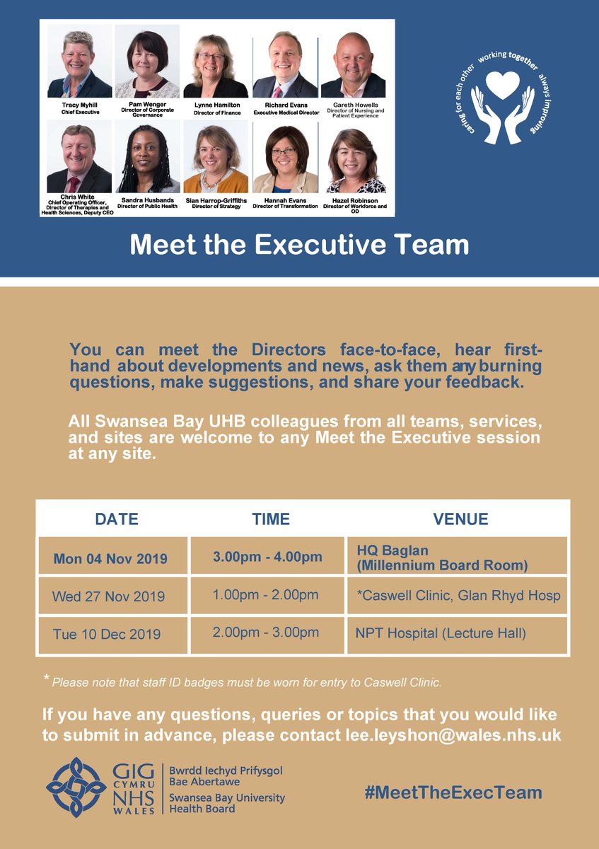 Tracy_Myhill's tweet photo. Colleagues - please note the change of date to our October #MeetTheExecTeam staff engagement session @SwanseabayNHS from Wed Oct 23 to Mon Nov 04 3pm-4pm at HQ Baglan. Hope to see you there! https://t.co/JfGWiPZiPj