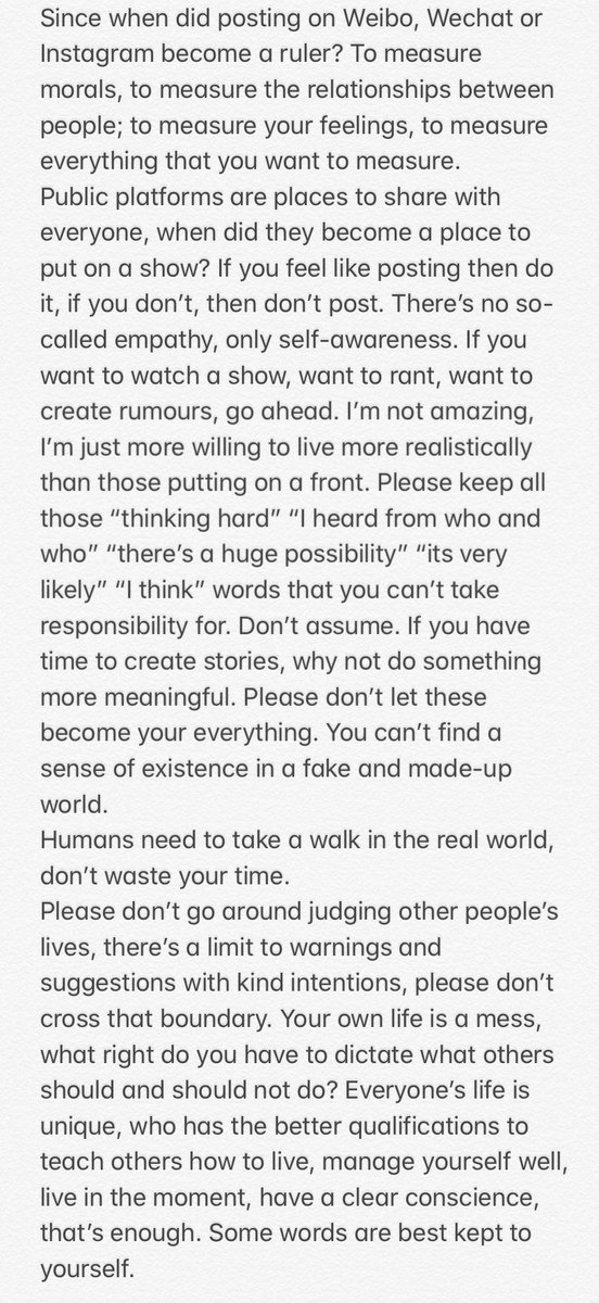 #VictoriaSong responds to negative comments. Full translation in image 

“Please don’t go around judging other people’s lives (...) Your own life is a mess, what right do you have to dictate what others should and should not do?”

#宋茜 #songqian