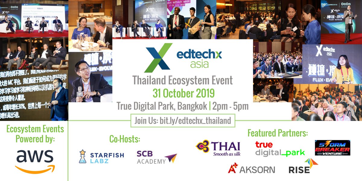 EdTechXAsia (@edtechxasia) on Twitter photo Join us for our Thailand #EdTech Ecosystem Event on 31 October at <a href="/TDigitalpark/">True Digital Park</a> - thanks to our partners & judges from <a href="/AWS_edu/">AWS Education</a>, <a href="/scb_thailand/">SCB Thailand</a> Academy, <a href="/ThaiAirways/">Thai Airways</a>, <a href="/TawanAksorn/">Tawan Dheva-Aksorn</a>, RISE, Starfish Labz & Stormbreaker Venture - register now: bit.ly/edtechx_thailaβ¦ Join us for our Thailand #EdTech Ecosystem Event on 31 October at <a href="/TDigitalpark/">True Digital Park</a> - thanks to our partners & judges from <a href="/AWS_edu/">AWS Education</a>, <a href="/scb_thailand/">SCB Thailand</a> Academy, <a href="/ThaiAirways/">Thai Airways</a>, <a href="/TawanAksorn/">Tawan Dheva-Aksorn</a>, RISE, Starfish Labz & Stormbreaker Venture - register now: bit.ly/edtechx_thailaβ¦