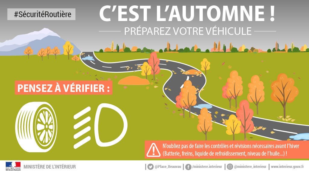 🚗🍂 #Toussaint Avant votre départ en vacances :
✅Vérification de la pression des pneus, bon fonctionnement des éclairages... Avez-vous pensé à préparer votre véhicule pour l'#automne ?
Avant tout trajet, soyez prudents et adaptez votre conduite aux conditions météorologiques ⬇️