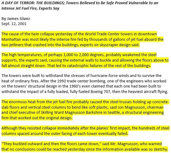  #NYTimes on 9/12 proclaimed “experts” said "most likely" cause of “collapse” was the intense fire that “probably weakened the steel supports…causing the external walls to buckle and allowing the floors above to fall almost straight down” (aka “pancake collapse”)75/