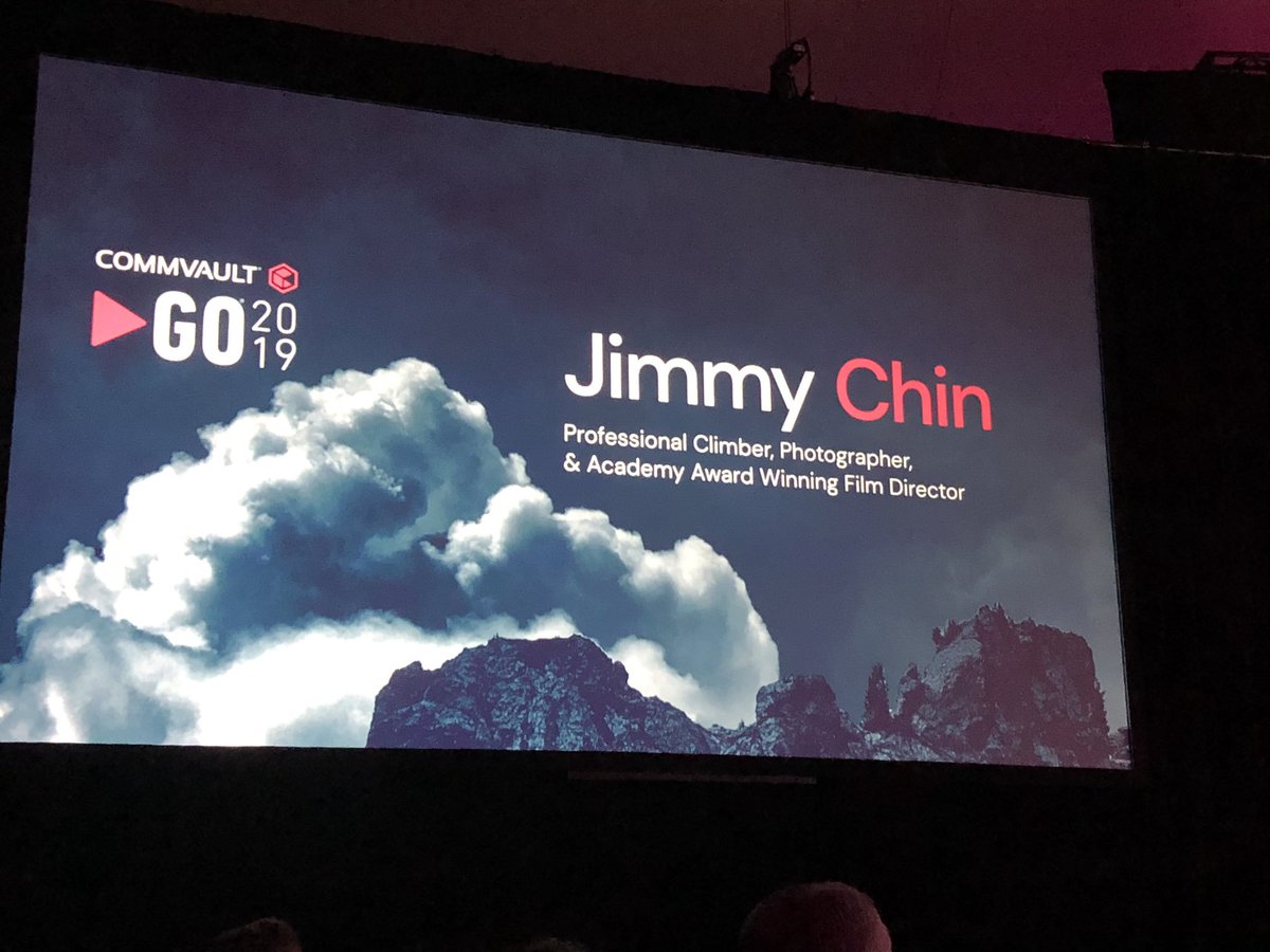 This dude skiied Mt. Everest (from the top)! Wow - <a href="/jimkchin/">Jimmy Chin</a> #AcademyAward winning director of #FreeSolo shares his inspiring story at #CommvaultGO 🧗.