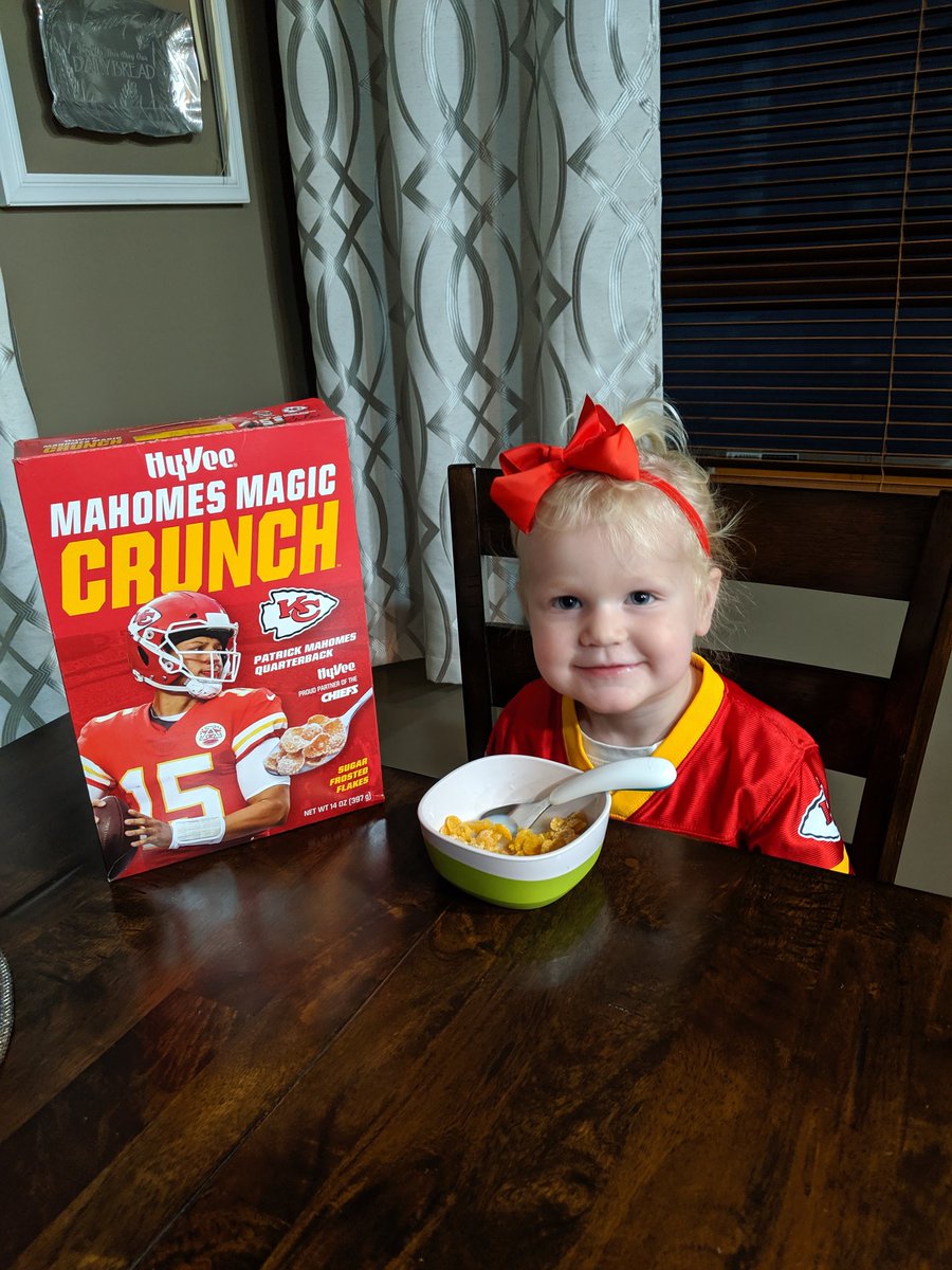 a_gabel's tweet photo. Getting ready for the big game tonight! Eating her Mahomes Magic crunch for the win! @PatrickMahomes @Chiefs @HyVee #ChiefsKingdom #Chiefs https://t.co/6xLxO3yDz0