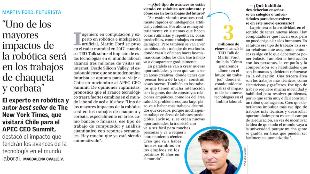 ¿Qué nos depara un futuro de innovación disruptiva? Hoy @ElMercurio_cl  lleva en sus páginas una entrevista al destacado experto en robótica e inteligencia artificial Martin Ford, quien es uno de los speakers internacionales invitados a #APECCEOSummit2019.
