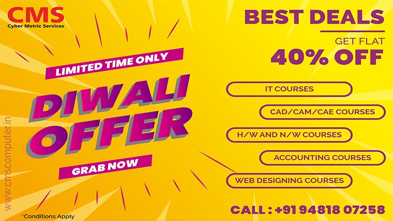 Java_trainings's tweet image. Celebrate this Diwali with festive offers from Cyber Metric Services (CMS). Get Flat 40% Off on #ITtraining #CADtraining #CAMtraining #CAEtraining #HardwareTraining #NetworkingTraining #AccountingCourses #WebDesigningTraining