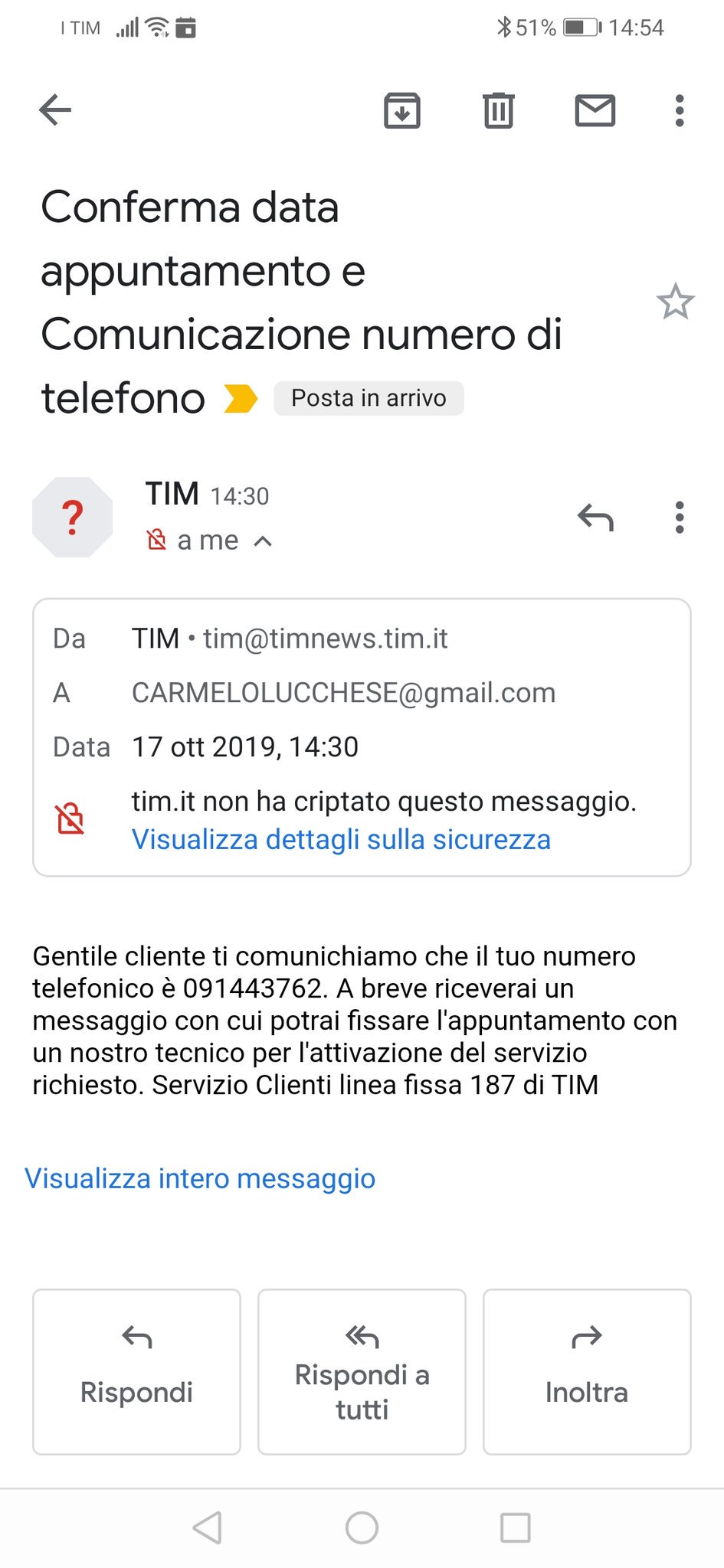 Carmelo Lucchese Tim Tim Timnews Tim It Ho Ricevuto Quest Altra Mail Il Numero Di Telefono Riportato Nella Mail Non E Il Mio T Co Hiq0shwkit