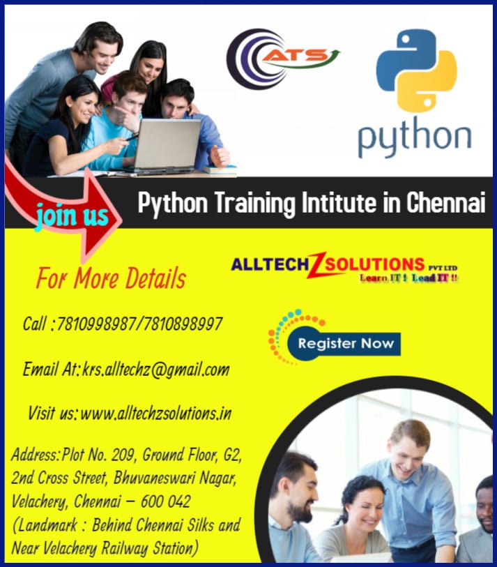 alltechz's tweet photo. AllTechZ Solutions (ATS) Pvt Ltd is one of the Best #Python Training Institute in Chennai and Kanchipuram.
Learn : Python Training at AllTechZ Solutions.
Visit us : https://t.co/yLQGDGsPSS
Call us : 78109 98987 / 78108 98997

#PythonTraining  #PythonCertification #PythonExam https://t.co/PtLikHaaEe