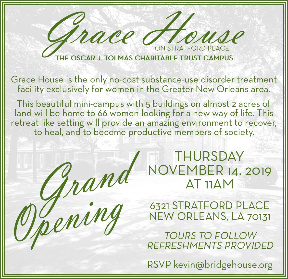 Join us on November 14 for the ribbon cutting and grand opening celebration of Grace House on Stratford Place The Oscar J. Tolmas Charitable Trust Campus! (edited: original post contained an incorrect time)