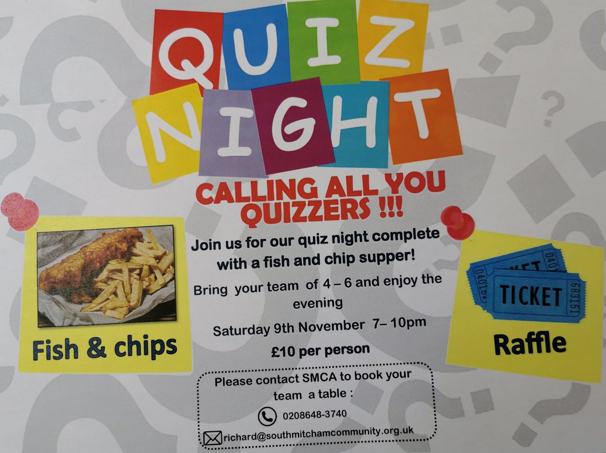 Quiz and Fish and Chip Night here at the SMCA. We want 20 players and have 15 booked so if anyone fancies playing then 5 seats still available. Please phone on 0208648-3740.