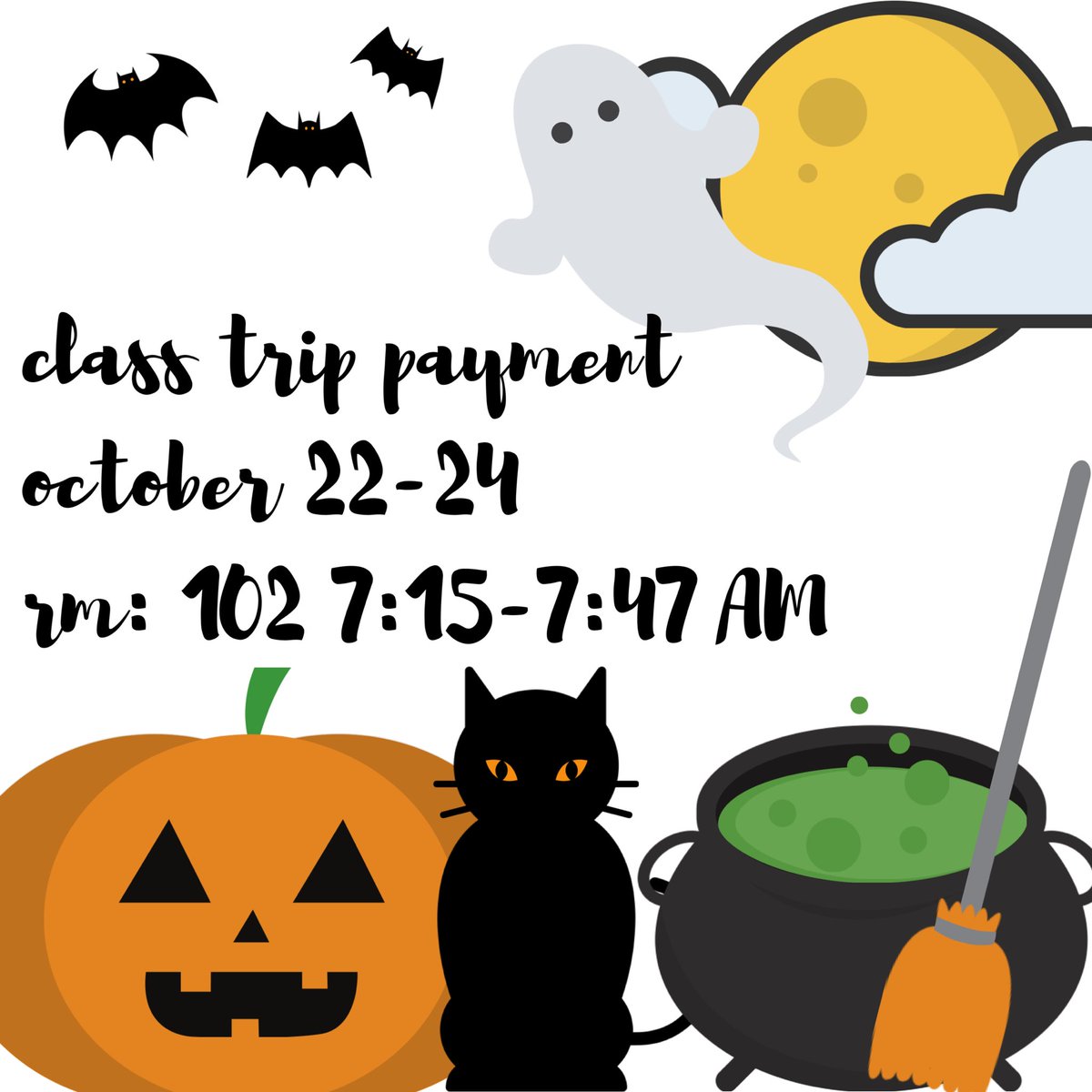 BASHClassof2020's tweet image. don’t forget that the class trip payment is next week! you will need to bring your payment ($410), mental health &amp;amp; proof of insurance forms (outside room 102 if you still need them), and discount card order forms (with money)! 👻

check email from the 10/8 for more information!