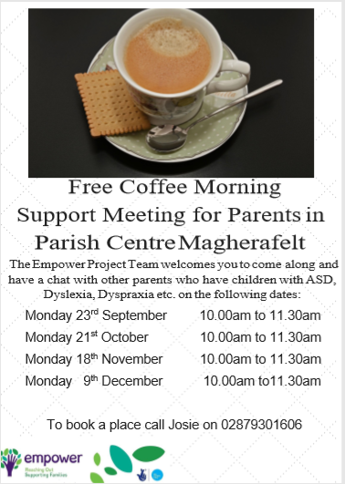 Empowerproject3's tweet photo. Don't forget about our Coffee Mornings next week:
Mon 21st Oct 10.00-11.30 at @mfparishcentre 
Wed 23rd 10.00-11.30 at Garden Coffee Shop

#magherafelt #antrim #CommunityEngagement #Wellbeing #supportlocal 

@MidUlster_DC  @ANBorough https://t.co/jztsAeLewW